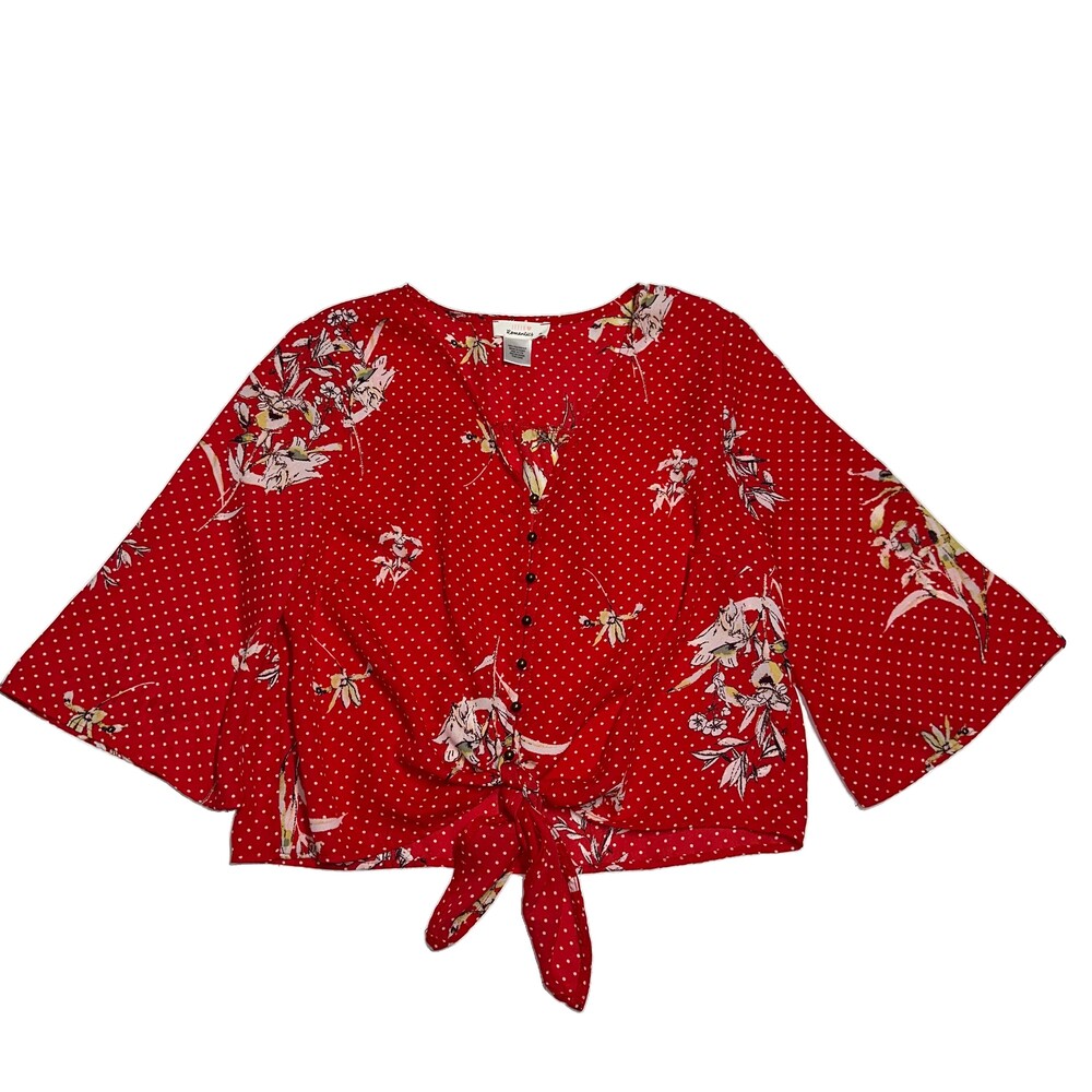 Red Floral Polka Dot Tie Front Blouse Bell Sleeve Coquette Romantic